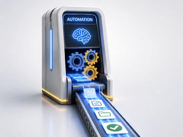 Routinearbeit automatisieren: Symbolbild mit Automatisierungsmaschine, Dokumentenfluss und Zahnrädern für effiziente Büroprozesse.